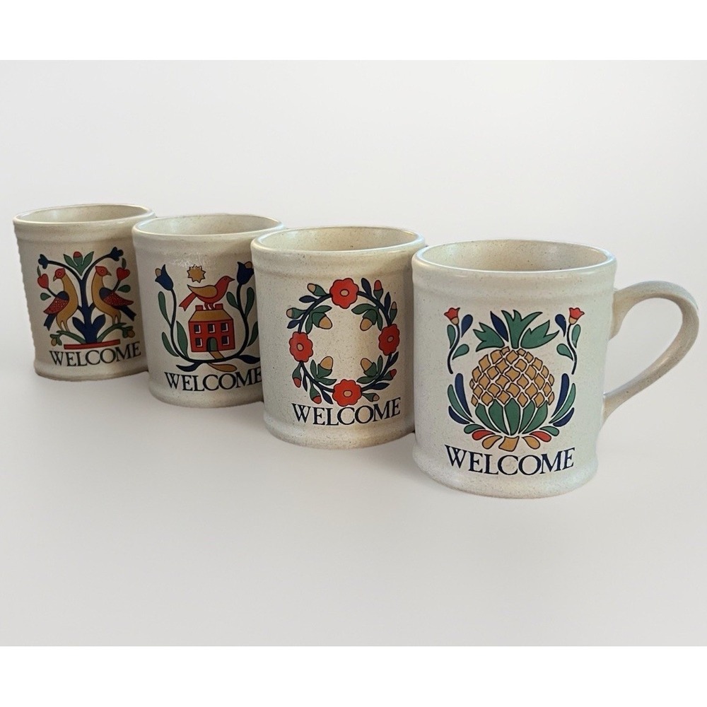 Vintage Folk Art Stoneware Welcome Coffee Mug Set 4 Farmhouse Mugs